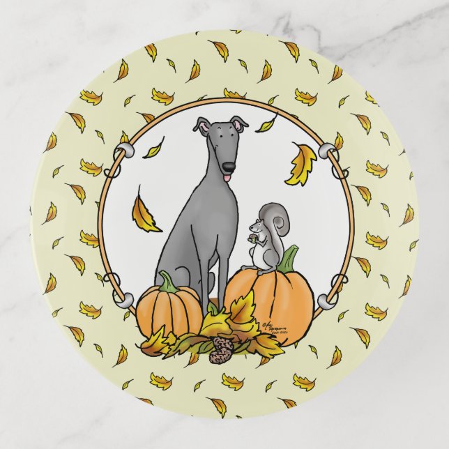 Fall Greyhound (gray) Dog Pumpkins Leaves Funny Trinket Tray (Front)