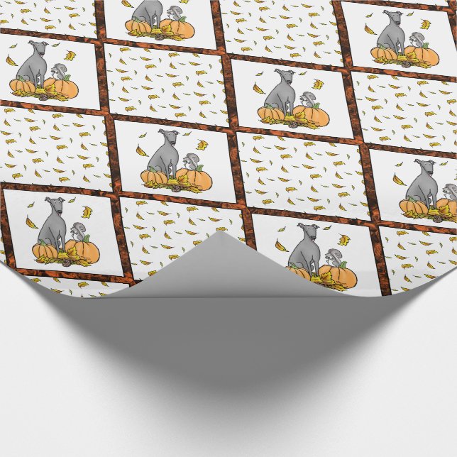 Fall Greyhound (gray) Dog Pumpkins Leaves Funny Wrapping Paper (Corner)