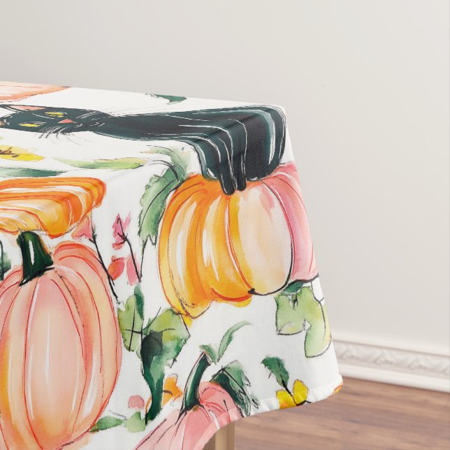 Fall Halloween Black Cats and Pumpkin Design Tablecloth (In Situ)