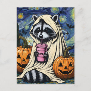 Fall Halloween Ghost Pumpkin Raccoon Costume Spook Holiday Postcard