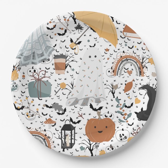 Fall Halloween ghost wrapping paper Paper Plates (Front)