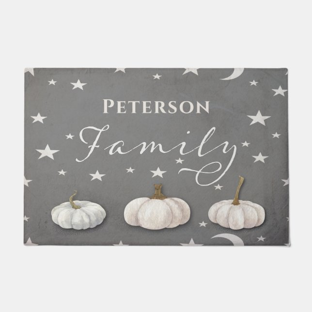 Fall Halloween Gray White Pumpkin Family Monogram Doormat (Front)