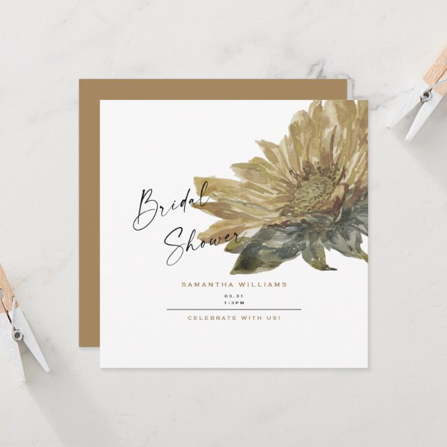 Fall Hand Painted Sunflower Bridal Shower Square Invitation (Front/Back In Situ)