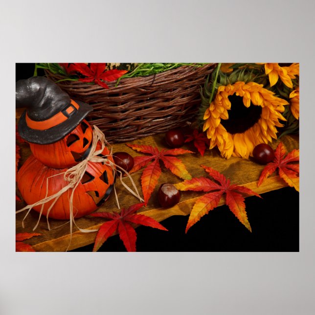 Fall Harvest Autumn Sunflower Pumpkins Poster (Front)