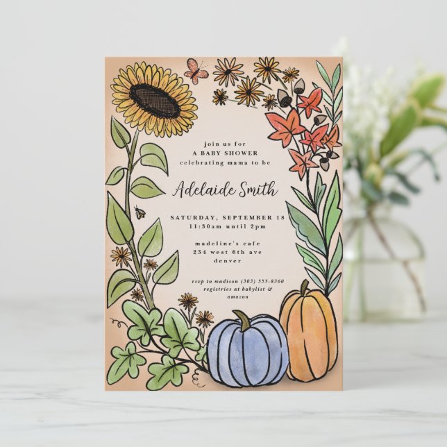 Fall Harvest Blue Pumpkin Baby Shower Invitation (Standing Front)