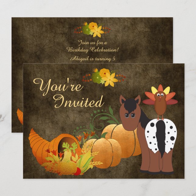 Fall Harvest, Cute Horse and Turkey Birthday Invitation (Front/Back)