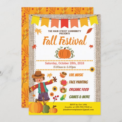 Fall harvest festival burlap pumpkin patch invitation