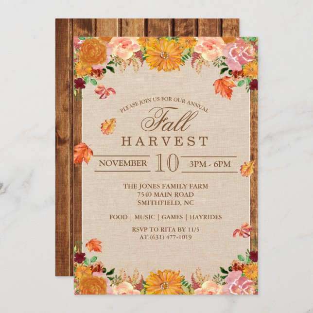 Fall Harvest Floral Autumn Invitation (Front/Back)