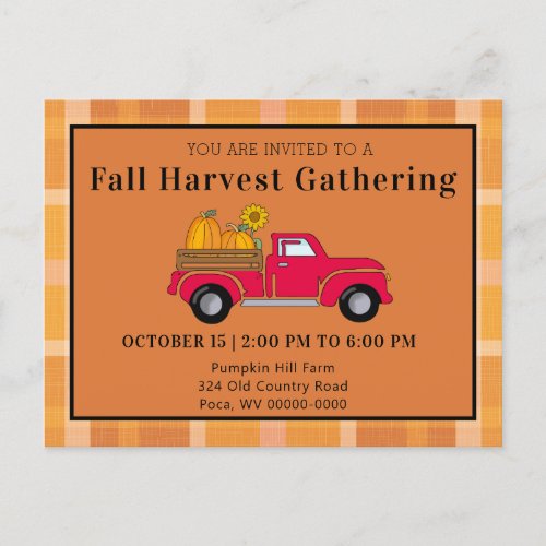Fall Harvest Gathering Country Truck Pumpkin  Invitation Postcard