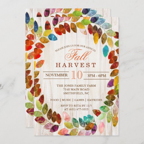 Fall Harvest Glitter Leaves Wreath Invitation