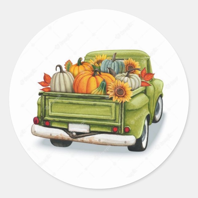 Fall Harvest In a Green Truck  Classic Round Stick Sticker (Front)