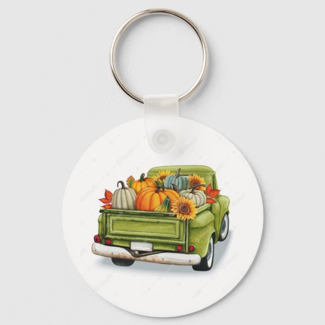 Fall Harvest in a Green Truck     Keychain (Front)