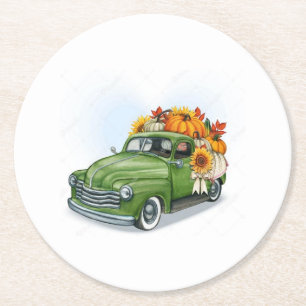 Fall Harvest In a Green Truck Round Paper Coaster