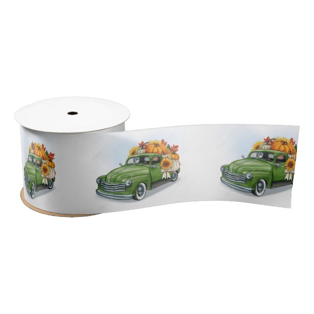 Fall Harvest in a Green Truck    Satin Ribbon (Spool)