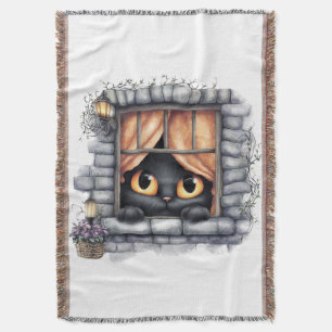 Fall Harvest Peeking Black Cat Throw Blanket