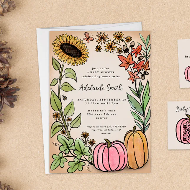 Fall Harvest Pink Pumpkin Baby Shower Invitation | Zazzle