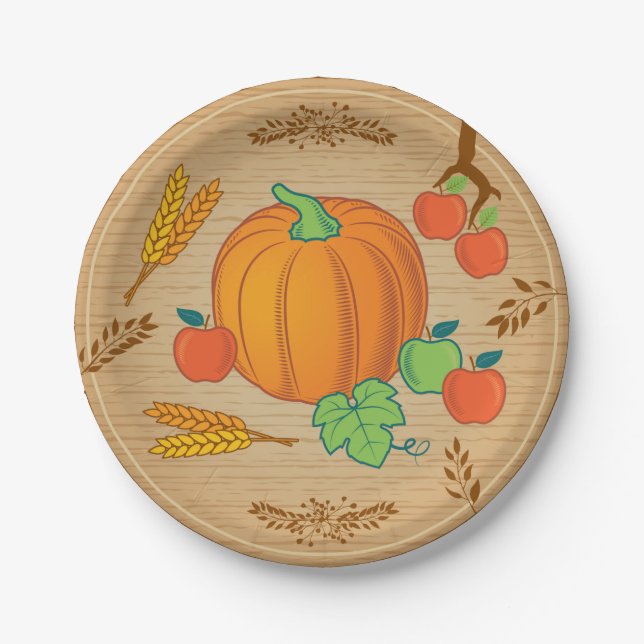 Fall Harvest Pumpkin Apple Wood Paper Plates (Front)