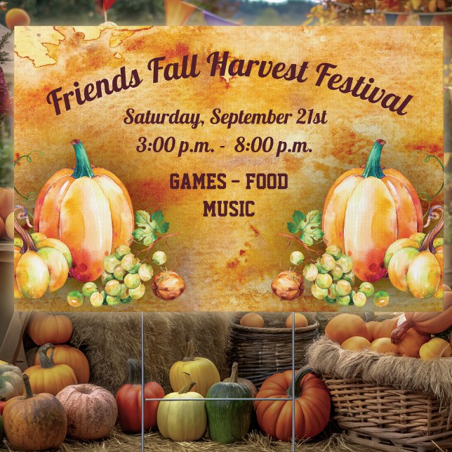 Fall Harvest Pumpkin  Sign (Festive fall harvest yard sign with pumpkins, grapes, and event details for games, food & music.)