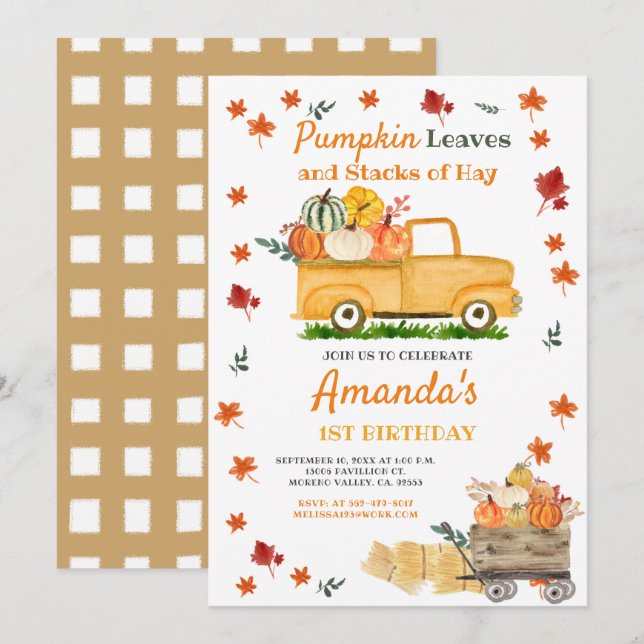 Fall Harvest Pumpkin Truck Yellow Orange Pumpkin Invitation (Front/Back)