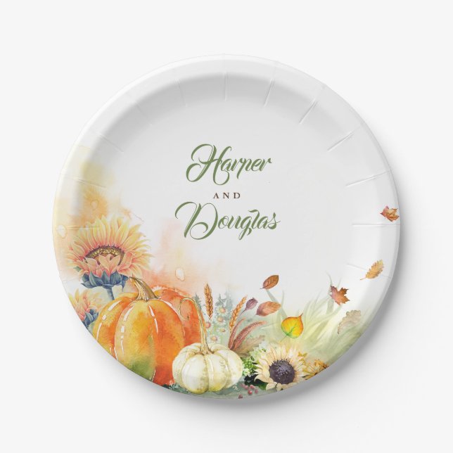 Fall Harvest Pumpkins and Sunflowers Rustic Paper Plates (Front)