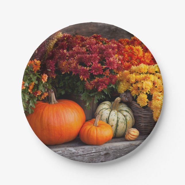 Fall Harvest Tablescape - Autumn Pumpkins Flowers Paper Plates (Front)