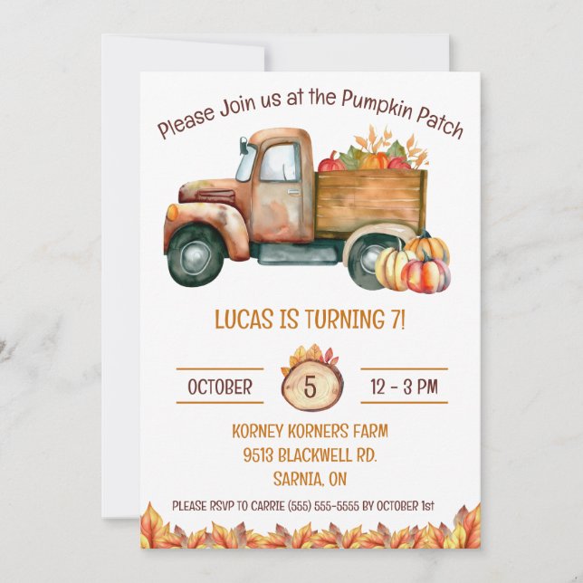 Fall Harvest Truck, Pumpkin Patch, Birthday Party Invitation (Front)