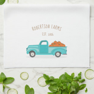 Fall Harvest Vintage Blue Truck Personalized Kitchen Towel