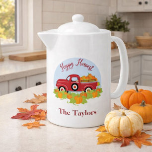 Fall Harvest Vintage Red Truck Pumpkins Teapot
