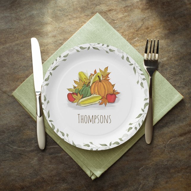 Fall Harvest Watercolor Elegant Personalized  Paper Plates (Fall Harvest Personalized Paper Plate.)