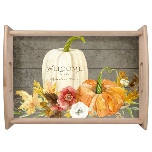 Fall Harvest Welcome Sign Family White Pumpkins Serving Tray