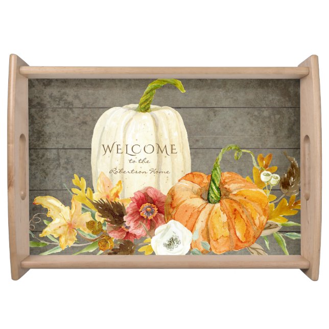 Fall Harvest Welcome Sign Family White Pumpkins Serving Tray (Front)