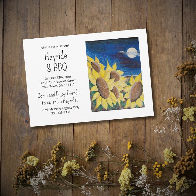 Fall Hayride Barbecue Rustic Sunflowers Folk Art Invitation (Creator Uploaded)