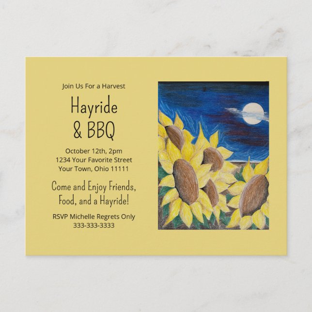Fall Hayride Bbq Sunflowers Folk Art Invitation Postcard (Front)
