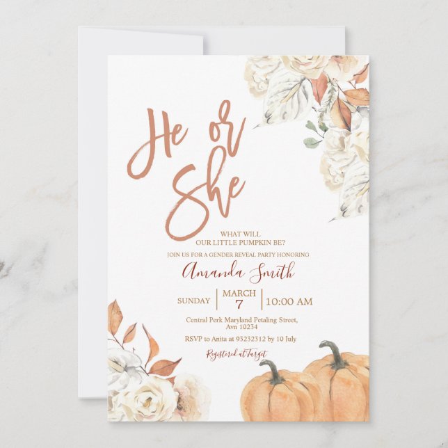 Fall He or She Boho Pumpkin Gender Reveal Invitation (Front)