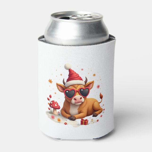 Fall Highland Cow Pumpkin Bow Christmas Girls Kids Can Cooler (Can Front)