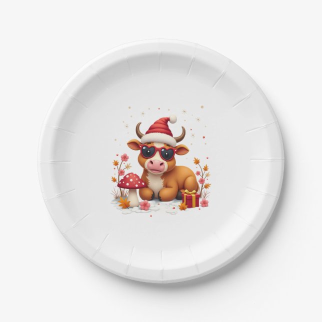 Fall Highland Cow Pumpkin Bow Christmas Girls Kids Paper Plates (Front)