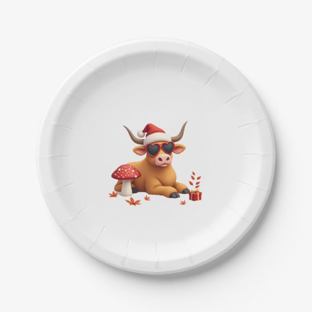 Fall Highland Cow Pumpkin Bow Christmas Girls Kids Paper Plates (Front)
