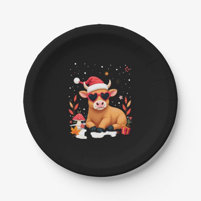 Fall Highland Cow Pumpkin Bow Christmas Girls Kids Paper Plates (Front)