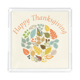 Fall Holiday Happy Thanksgiving Colorful Leaves Acrylic Tray