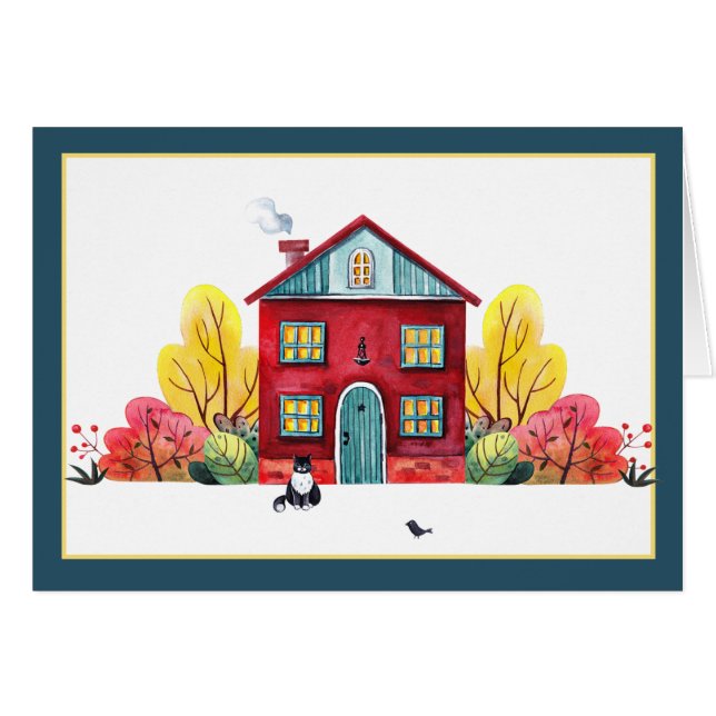 Fall house and cat  cards (Front Horizontal)