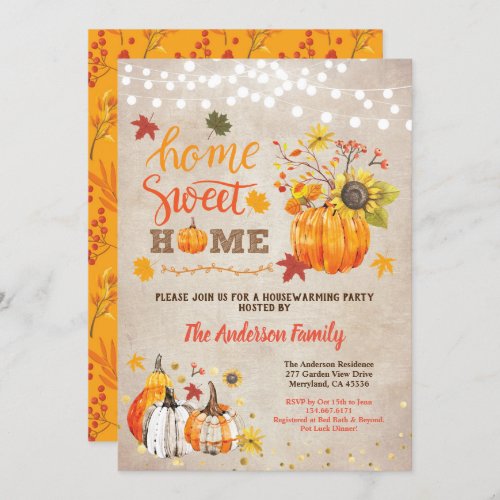 Fall housewarming party rustic vintage pumpkin invitation