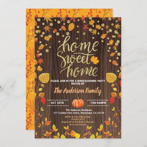 Fall housewarming party rustic wood pumpkin gold invitation