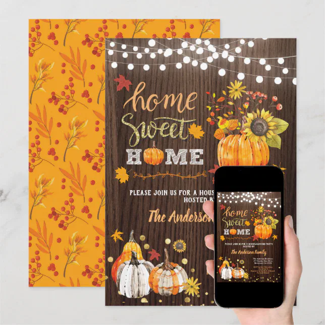 Fall housewarming party rustic wood pumpkin gold invitation Zazzle