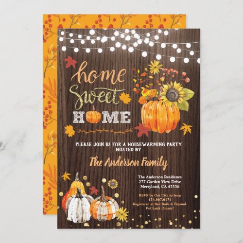 Fall housewarming party rustic wood pumpkin gold invitation