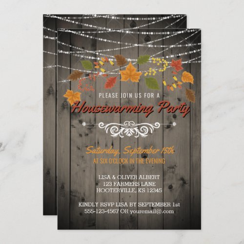Fall Housewarming Party Rustic Wood String Lights Invitation