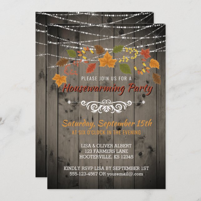 Fall Housewarming Party Rustic Wood String Lights Invitation (Front/Back)