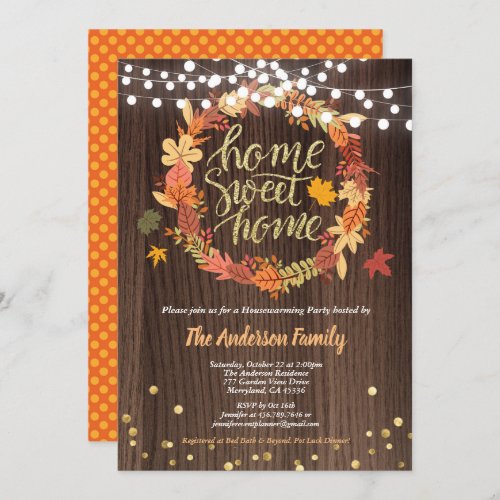 Fall housewarming party rustic wreath thanksgiving invitation