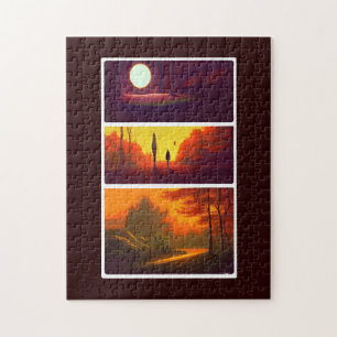 Fall in fantasy alien lands orange skies full moon jigsaw puzzle