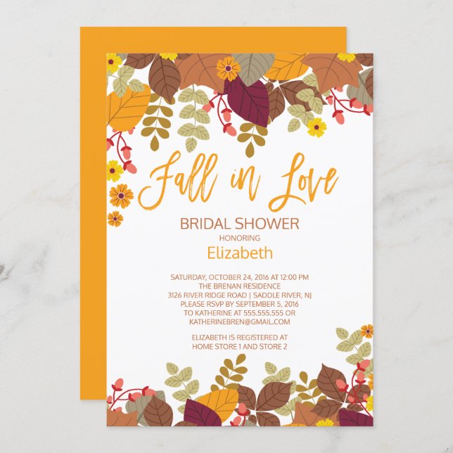 Fall in Lov Autumn Leaves Bridal Shower Invitation (Front/Back)