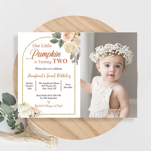 Fall in Love 2nd Birthday Rust Flowers Pumpkin Invitation